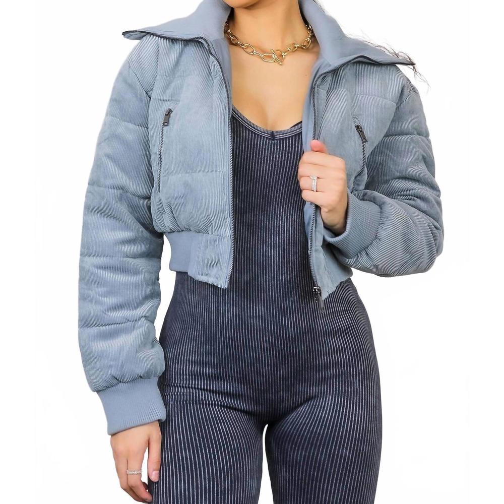 NEW SURELYMINE keep up with me crop corduroy full zipper puffer jacket in blue